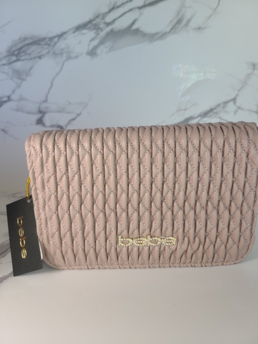 bebe Quilted Blush Pink Wristlet Clutch with Gold Logo